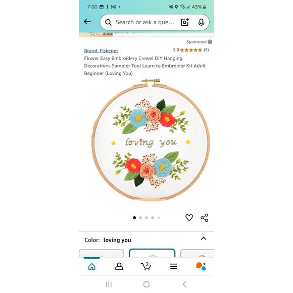 Flower Embroidery Kit DIY Hanging Decorations 2-Pack - Picture 2 of 4